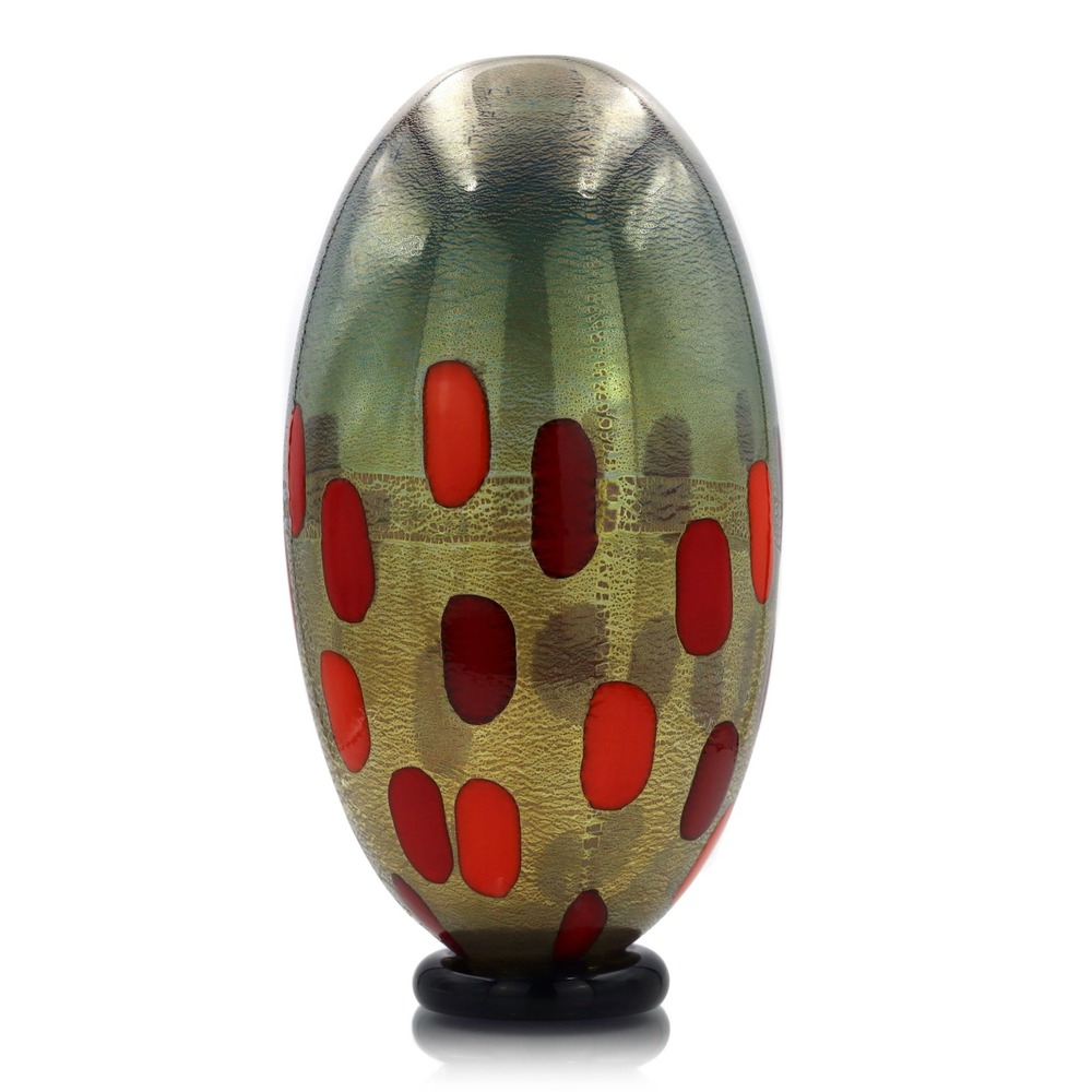 Murano Glass Studio Vase Large 12" Signed  Gold Leaf & Red Macchie Italy Ovoid